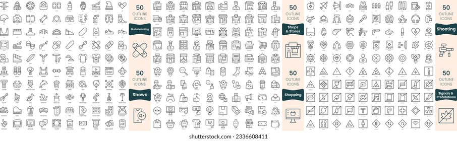 300 thin line icons bundle. In this set include shooting, shopping, shops and stores, shows, signals and prohibitions, skateboarding