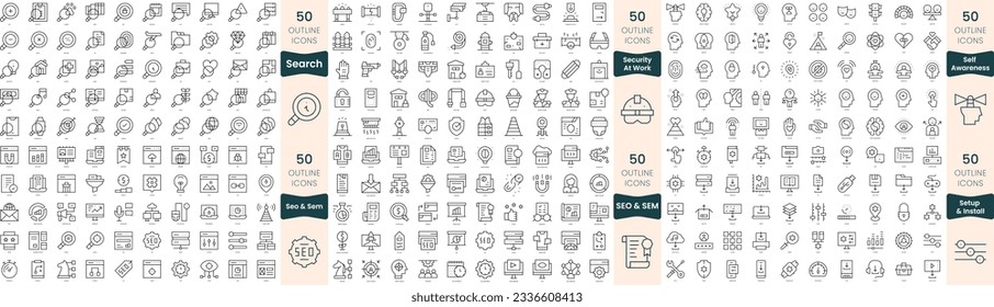 300 thin line icons bundle. In this set include search, security at work, self awareness, seo and sem, setup and install