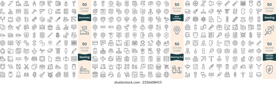 300 Thin-Line-Symbole bündeln. In diesem Set sind Setup und Einstellungen, Nähen, sexuelle Gesundheit, Teilen, Shoemaker