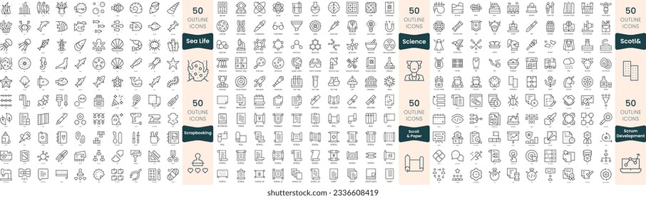 300 thin line icons bundle. In this set include science, scotland, scrapbooking, scroll and paper, scrum development, sea life