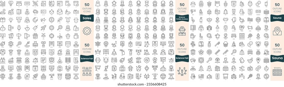 300 thin line icons bundle. In this set include sales, sauna, science fair, science fiction avatars