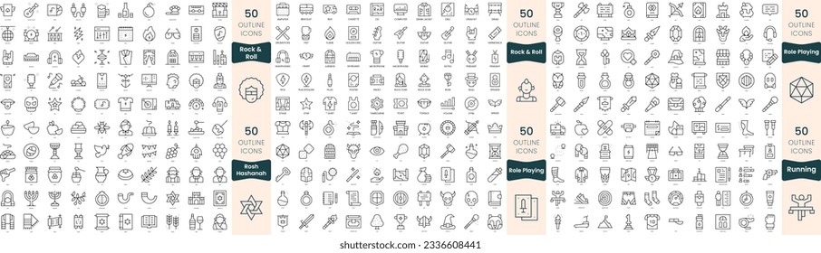 300 thin line icons bundle. In this set include rock and roll, role playing, rosh hashanah, running