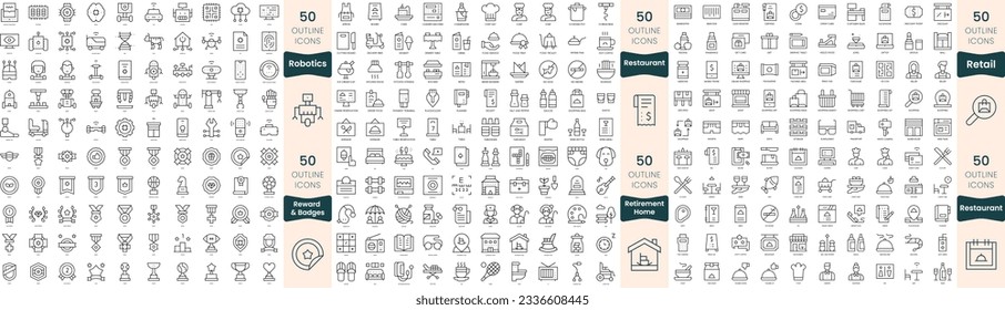 300 thin line icons bundle. In this set include restaurant, retail, retirement home, reward and badges, robotics