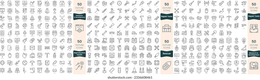300 thin line icons bundle. In this set include repair tools, reproductive health, rescue, research and development