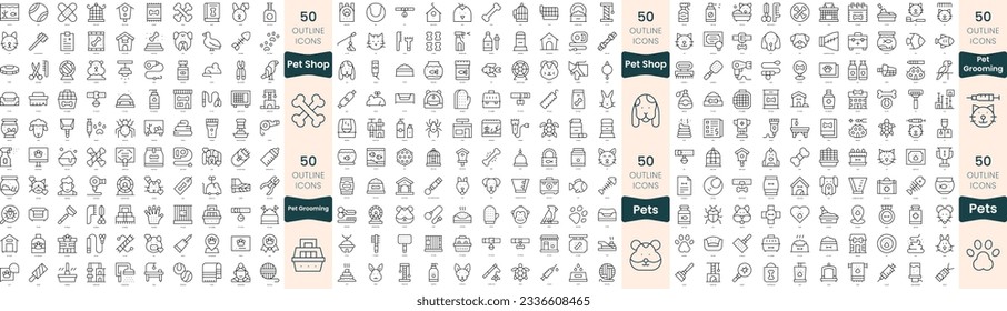 Paquete de 300 iconos de línea delgada. En este conjunto se incluyen mascotas, tienda de mascotas, mascotas