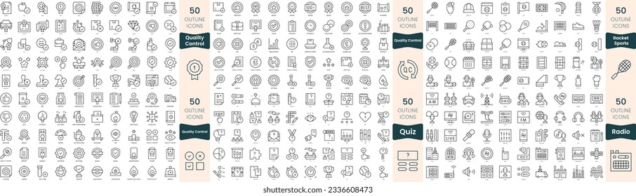 300 thin line icons bundle. In this set include quality control, quiz, racket sports, radio