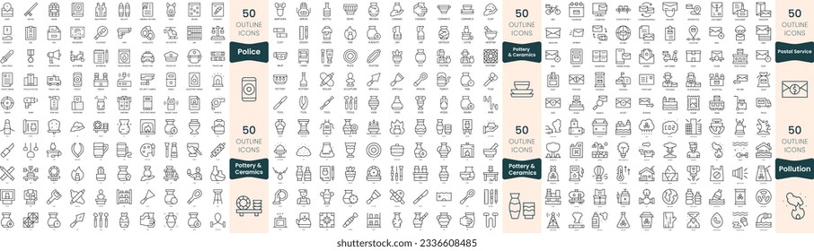 300 thin line icons bundle. In this set include police, pollution, postal service, pottery and ceramics