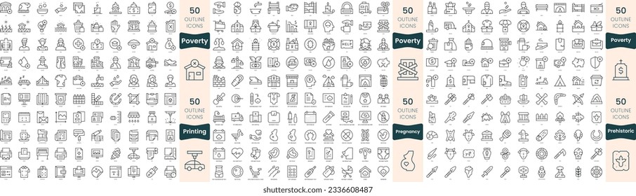 300 thin line icons bundle. In this set include poverty, pregnancy, prehistoric, printing