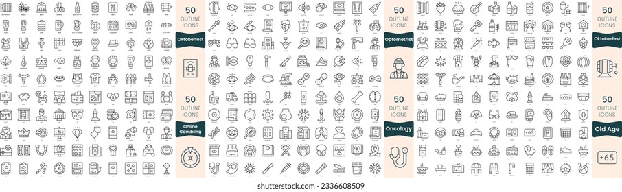 Paquete de 300 iconos de línea delgada. En este conjunto se incluyen oktoberfest, vejez, oncología, juegos de azar en línea, optometrista