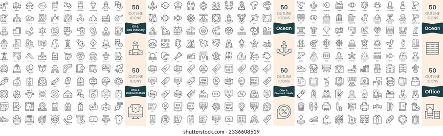 Paquete de 300 iconos de línea delgada. En este conjunto se incluyen etiquetas oceánicas, de oferta y descuento, industria de oficinas, petróleo y gas