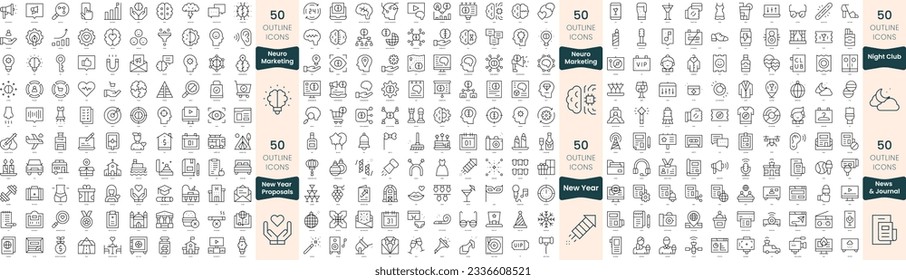 300 thin line icons bundle. In this set include neuromarketing, new year proposals, new year, news and journal, night club