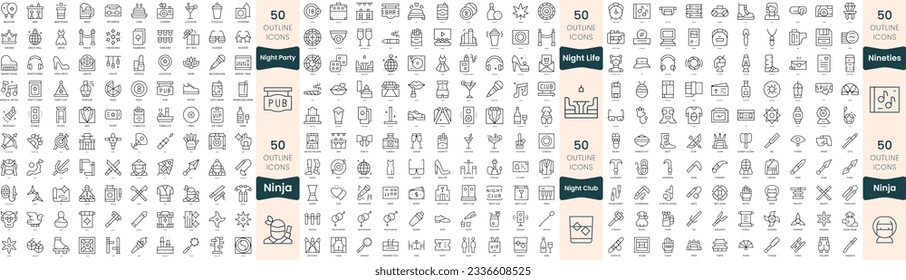 300 thin line icons bundle. In this set include night club, night life, night party, nineties, ninja