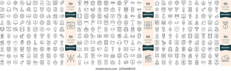 Paquete de 300 iconos de línea delgada. En este conjunto se incluye motivación, autopista, multimedia, museo