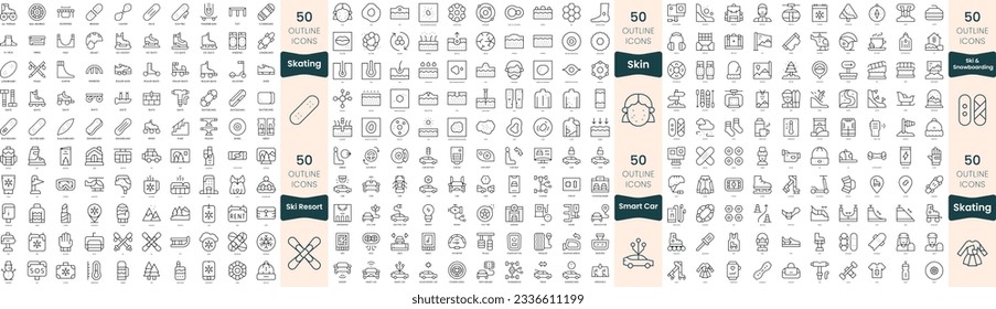 300 thin line icons bundle. In this set include skating, ski and snowboarding, ski resort, skin, smart car