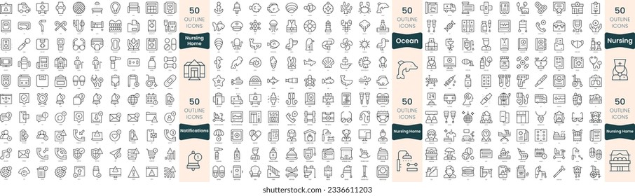 300 thin line icons bundle. In this set include notifications, nursing home, nursing, ocean