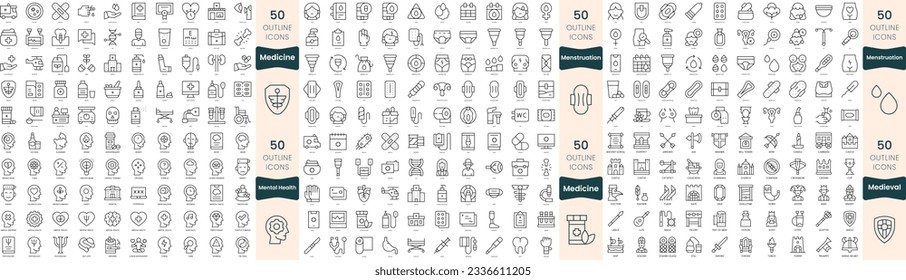 300 thin line icons bundle. In this set include medicine, medieval, menstruation, mental health