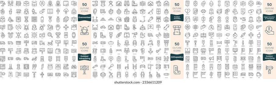 Paquete de 300 iconos de línea delgada. En este conjunto se incluyen la donación y el trasplante de órganos, la ortopedia, las actividades al aire libre, la publicidad al aire libre, el exceso de trabajo