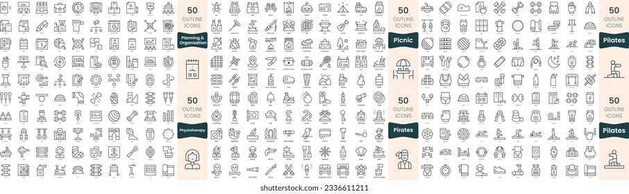 300 Thin-Line-Symbole bündeln. Dazu gehören Physiotherapie, Picknick, Pilate, Piraten, Planung und Organisation