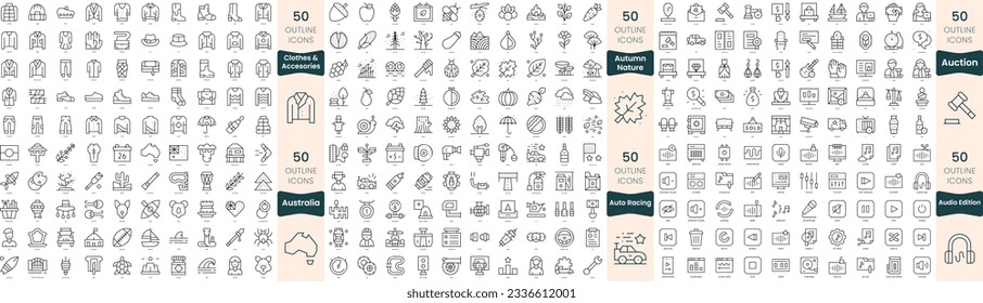 300 thin line icons bundle. In this set include auction, audio edition, australia, auto racing, autumn clothes and accesories, autumn nature