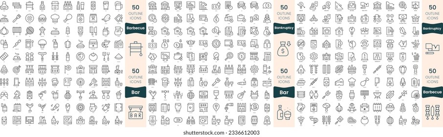 300 thin line icons bundle. In this set include bankruptcy, bar, barbecue