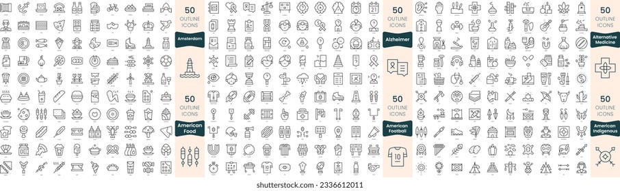 300 thin line icons bundle. In this set include alternative medicine, alzheimer, american food, american football, american indigenous, amsterdam