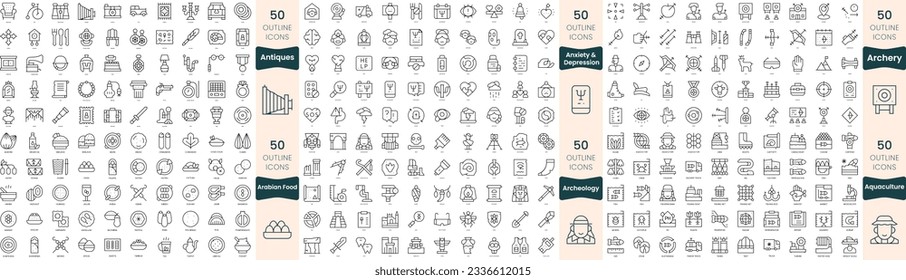 300 thin line icons bundle. In this set include antiques, anxiety and depression, aquaculture, arabian food, archeology, archery