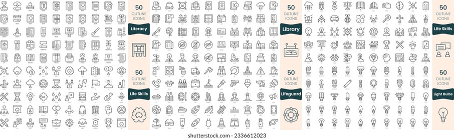 300 thin line icons bundle. In this set include library, life skills, lifeguard, light bulbs, literacy