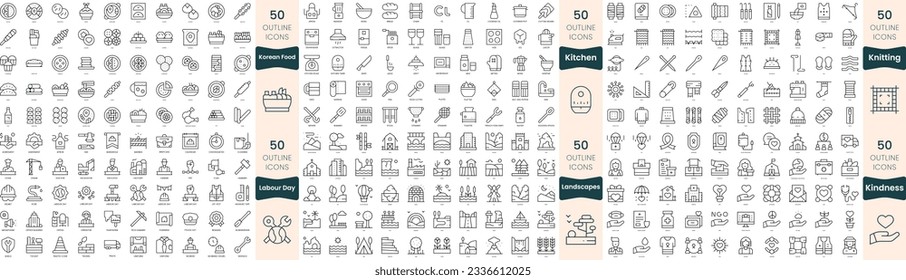 Paquete de 300 iconos de línea delgada. En este conjunto se incluye amabilidad, cocina, tejido, comida coreana, día de trabajo, paisajes