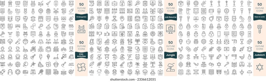 300 thin line icons bundle. In this set include job resume, judaism, jungle, keys and locks, kids activities, kindergarten