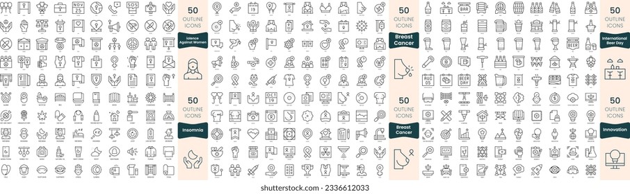 300 thin line icons bundle. In this set include innovation, insomnia, international beer day, international day against breast cancer, international day for the elimination of violence against women