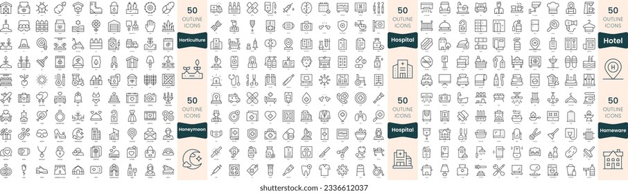 300 thin line icons bundle. In this set include homeware, honeymoon, horticulture, hospital, hotel