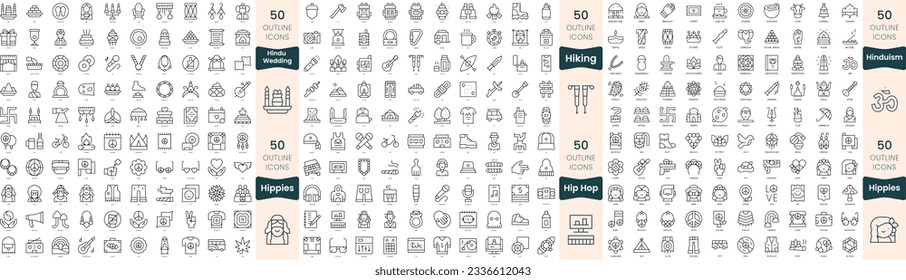 300 thin line icons bundle. In this set include hiking, hindu wedding, hinduism, hip hop, hippies