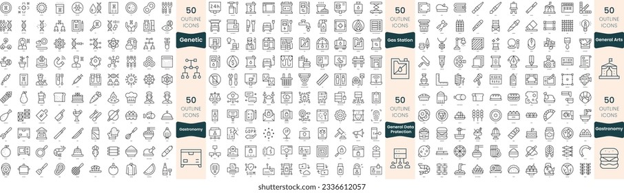 Paquete de 300 iconos de línea delgada. En este conjunto se incluyen la gasolinera, la gastronomía, las artes generales, la regulación general de la protección de datos, la genética