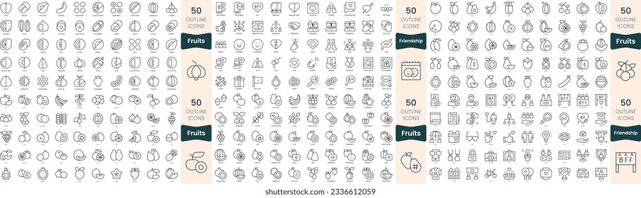 300 thin line icons bundle. In this set include friendship, fruits