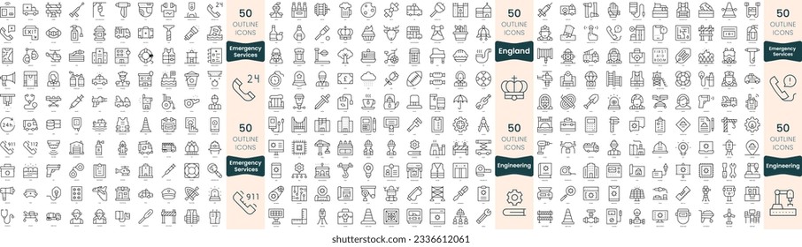 Paquete de 300 iconos de línea delgada. En este conjunto se incluyen servicios de emergencia, ingeniería, inglaterra