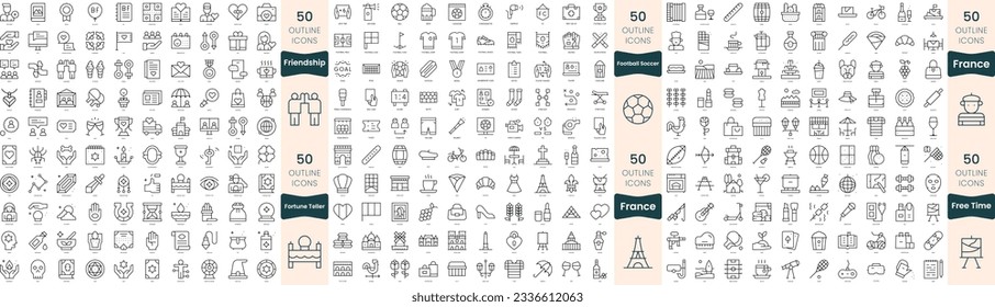 300 thin line icons bundle. In this set include football soccer, fortune teller, france, free time, friendship