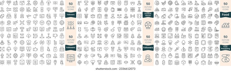 300 thin line icons bundle. In this set include followers, food processing, food, football soccer