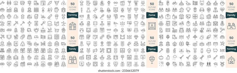300 thin line icons bundle. In this set include fame, family, farming
