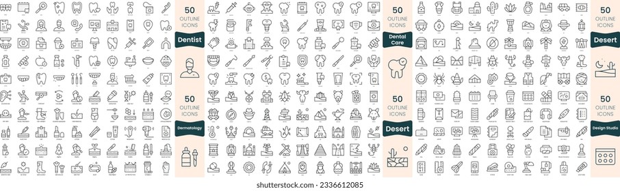 Paquete de 300 iconos de línea delgada. En este conjunto se incluye el cuidado dental, el dentista, la dermatología, el desierto, el estudio de diseño