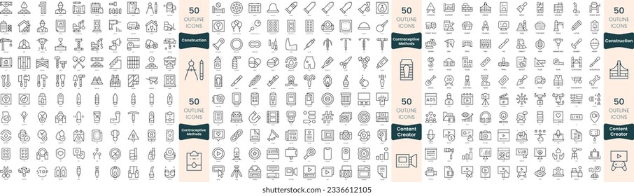 Paquete de 300 iconos de línea delgada. En este conjunto se incluyen la construcción, el creador de contenidos, los métodos anticonceptivos