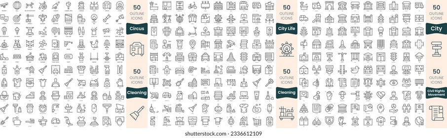 Paquete de 300 iconos de línea delgada. En este conjunto se incluyen circo, vida de ciudad, ciudad, movimiento por los derechos civiles, limpieza