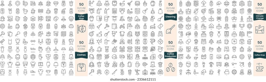 Paquete de 300 iconos de línea delgada. En este conjunto se incluyen la limpieza, el cambio climático, la ropa, la producción de café, la cafetería