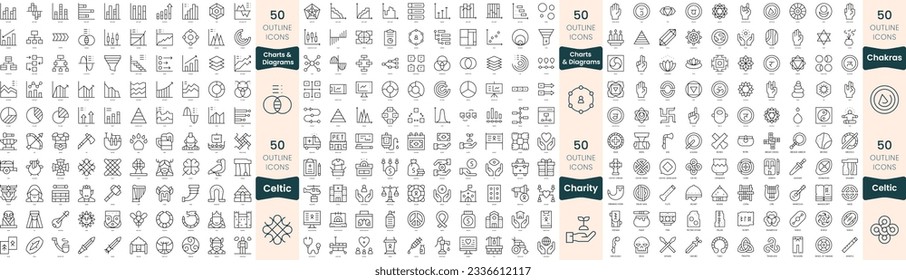 300 thin line icons bundle. In this set include celtic, chakras, charity, charts and diagrams
