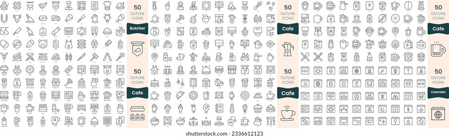 300 thin line icons bundle. In this set include butcher, cafe, calendar