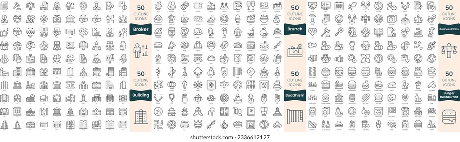 Paquete de 300 iconos de línea delgada. En este conjunto se incluyen corredores, brunch, budismo, construcción, restaurante de hamburguesas, ética empresarial