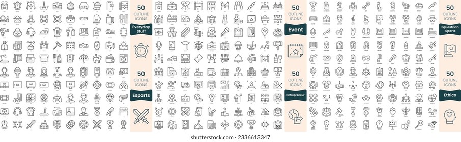 Paquete de 300 iconos de línea delgada. En este conjunto se incluyen emprendedores, deportes ecuestres, deportes, ética, eventos, cosas cotidianas