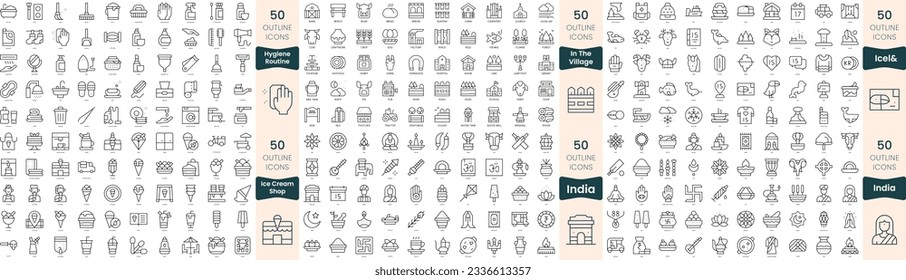 300 thin line icons bundle. In this set include hygiene routine, ice cream shop, iceland, in the village, india