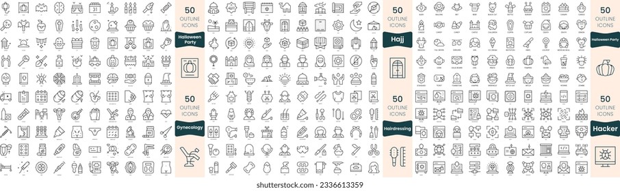 300 thin line icons bundle. In this set include gynecology, hacker, hairdressing, hajj, halloween party