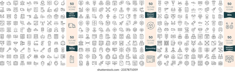 300 thin line icons bundle. In this set include 24 hours service, 80s, 90s, abstract product, accounting