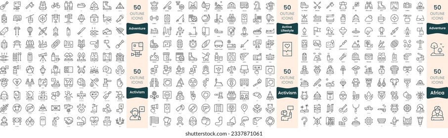 300 thin line icons bundle. In this set include active lifestyle, activism, adventure, africa